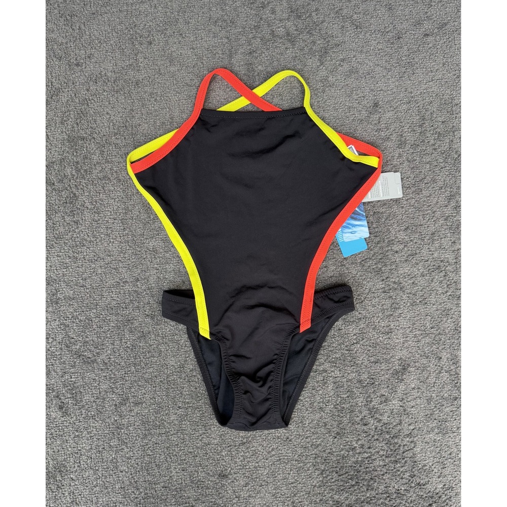 Speedo Endurance Lite One Piece Swimsuit Black Neon Orange Yellow Size 28 NEW